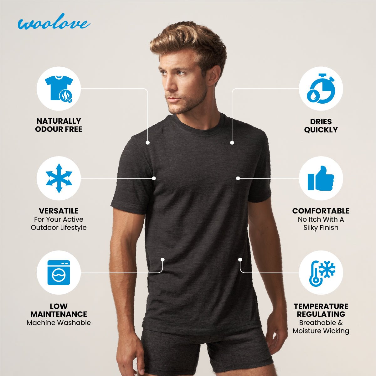 Wool T-Shirt Lightweight Breathable Thermal Outdoor Base Layer